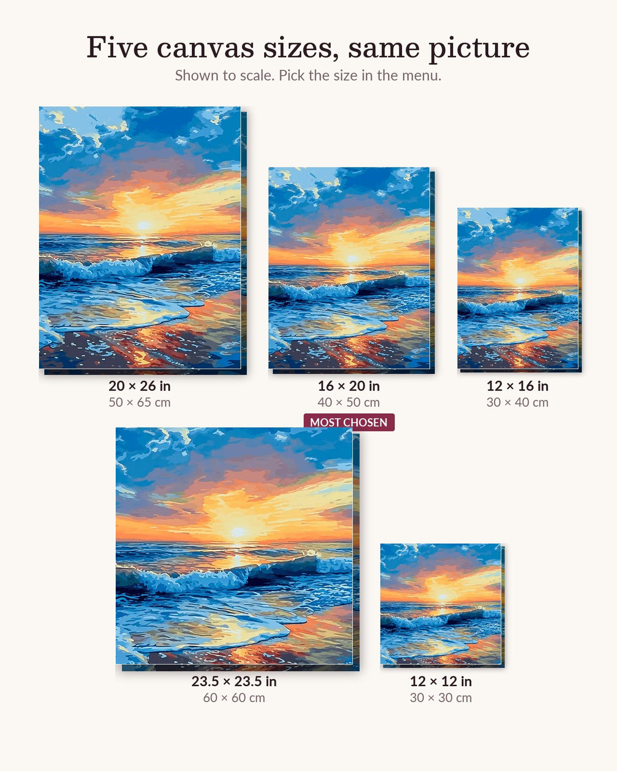 Seaside Dusk canvas sizes from 12 x 12 to 23.5 x 23.5 inches