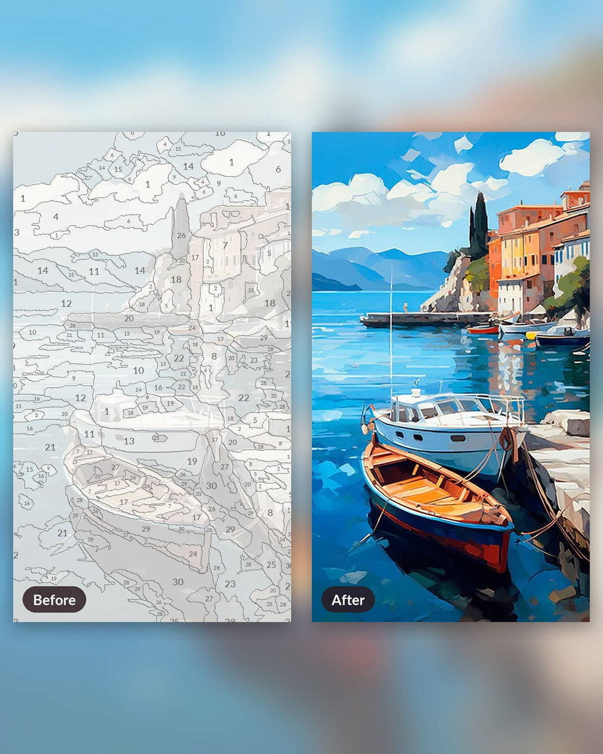 Seaside Leisure paint by numbers kit, before and after