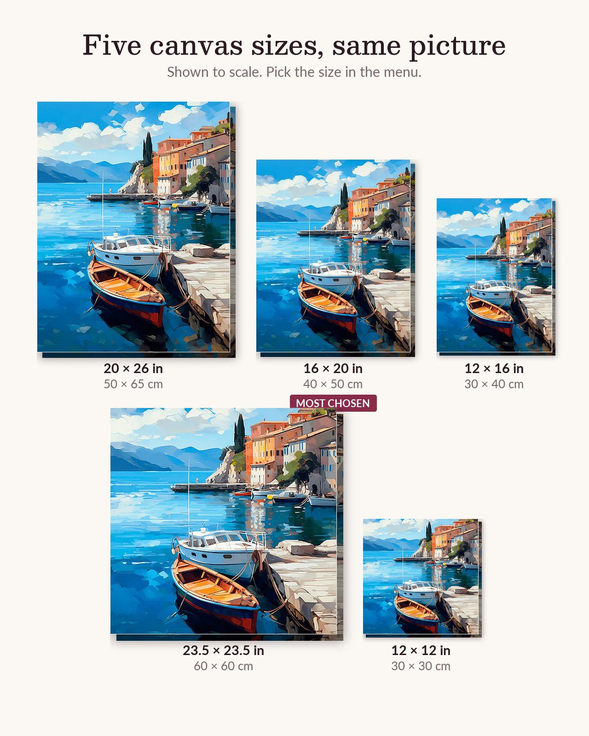 Seaside Leisure canvas sizes from 12 x 12 to 23.5 x 23.5 inches