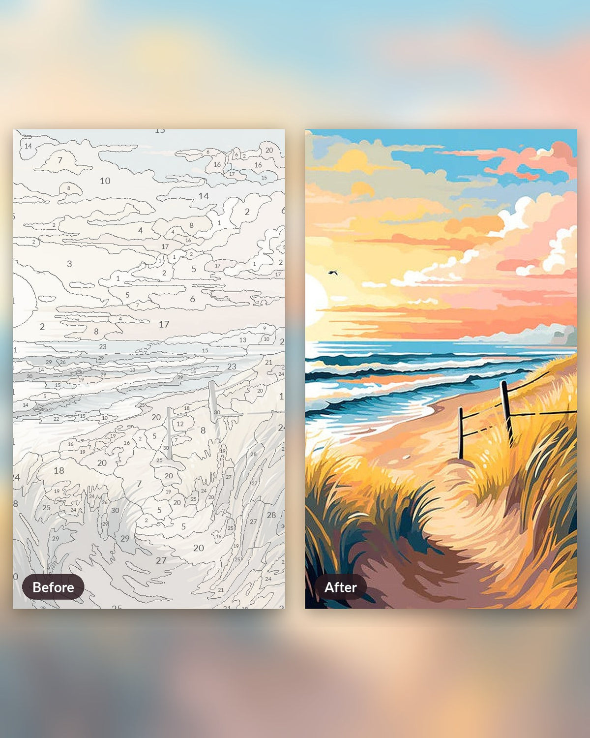 Seashore Meander paint by numbers kit, before and after