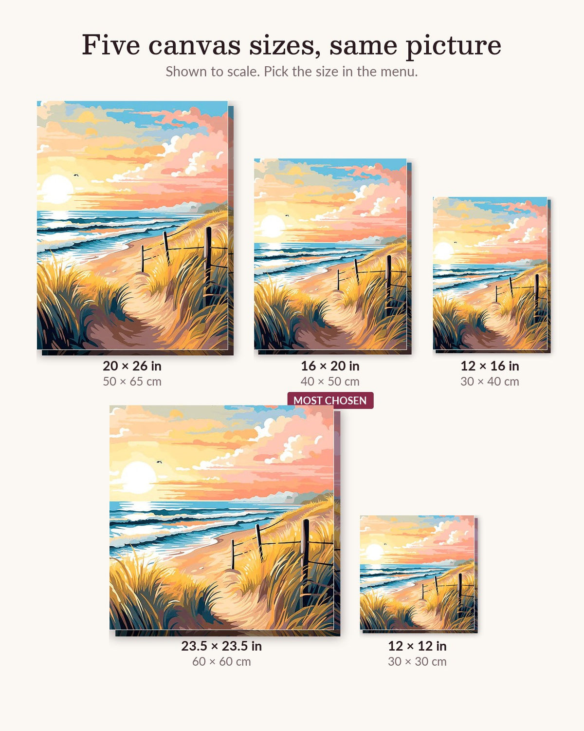 Seashore Meander canvas sizes from 12 x 12 to 23.5 x 23.5 inches