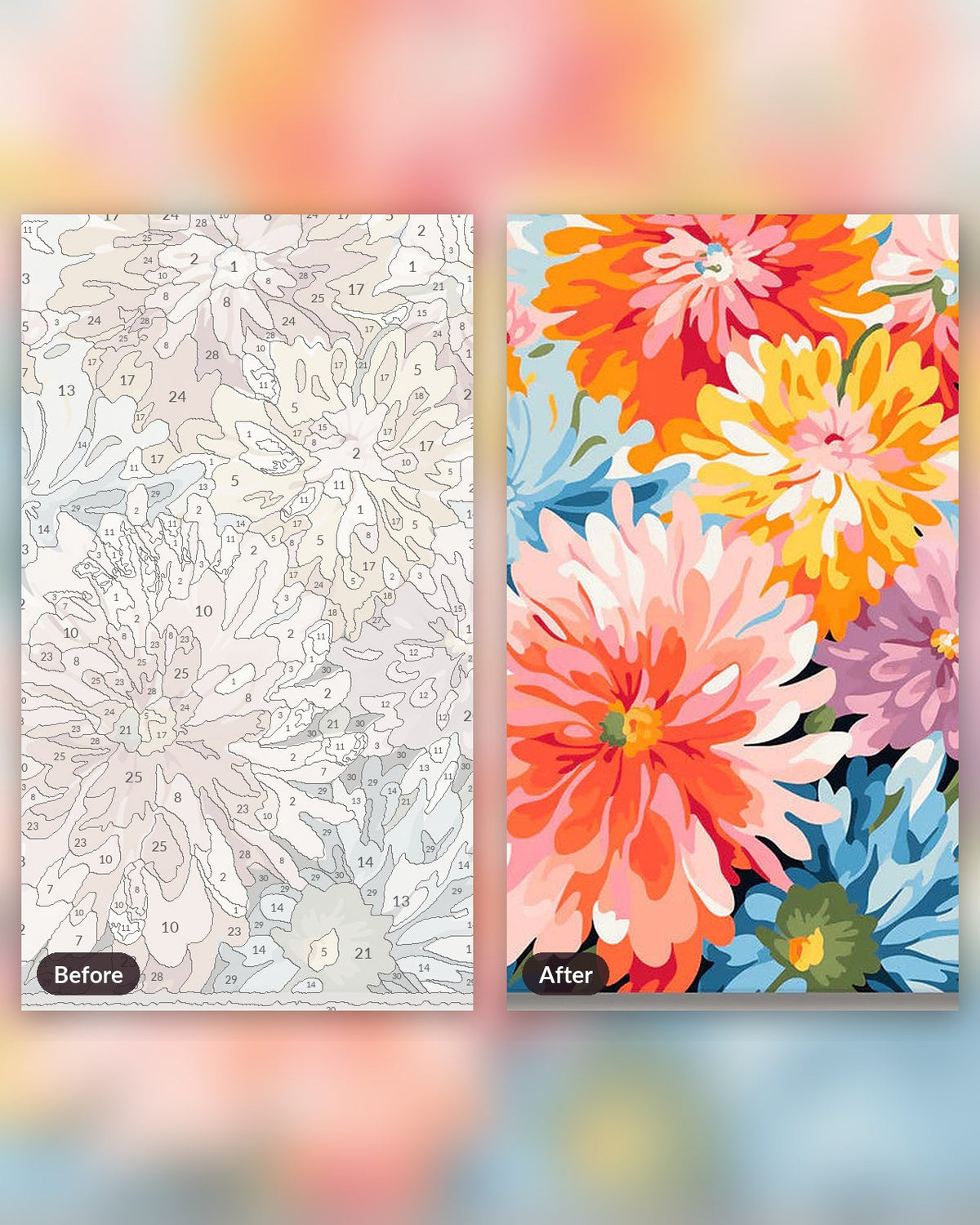 Sensational Bloom paint by numbers kit, before and after