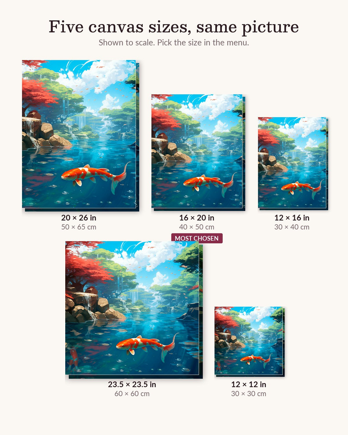 Serene Koi Pond canvas sizes from 12 x 12 to 23.5 x 23.5 inches