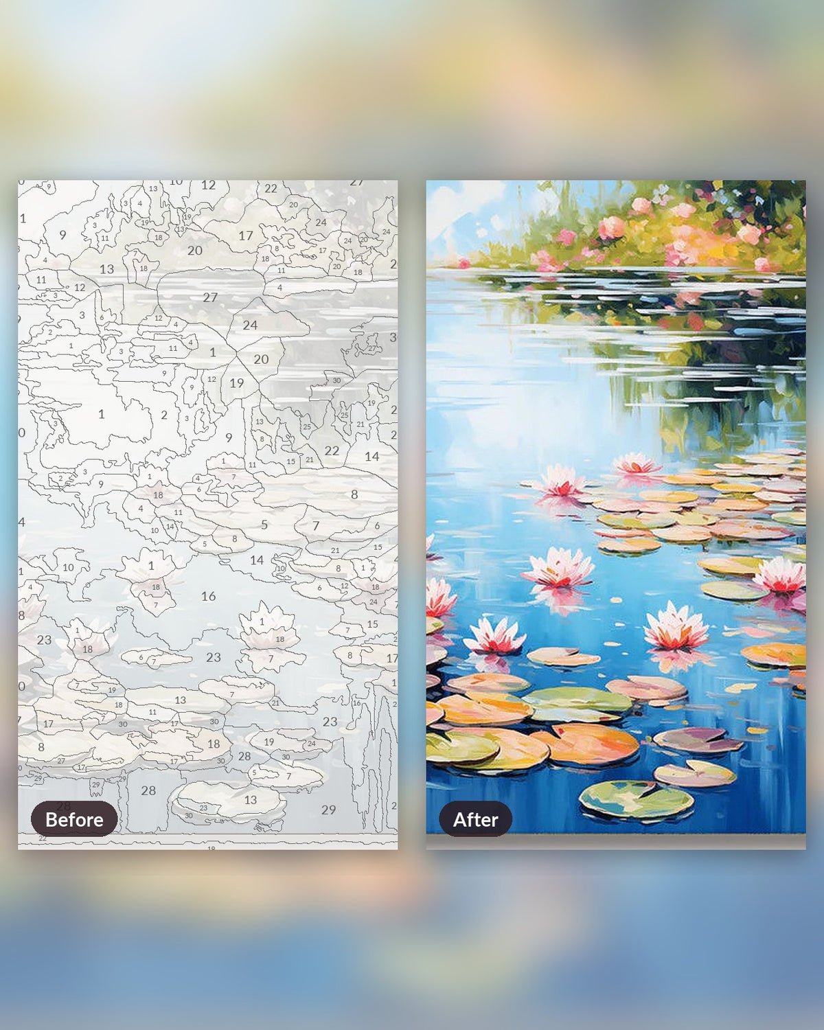 Serene Lake paint by numbers kit, before and after