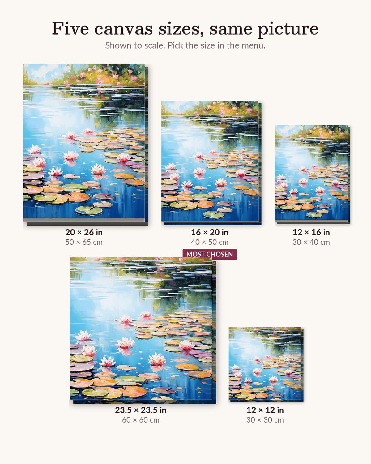 Serene Lake canvas sizes from 12 x 12 to 23.5 x 23.5 inches