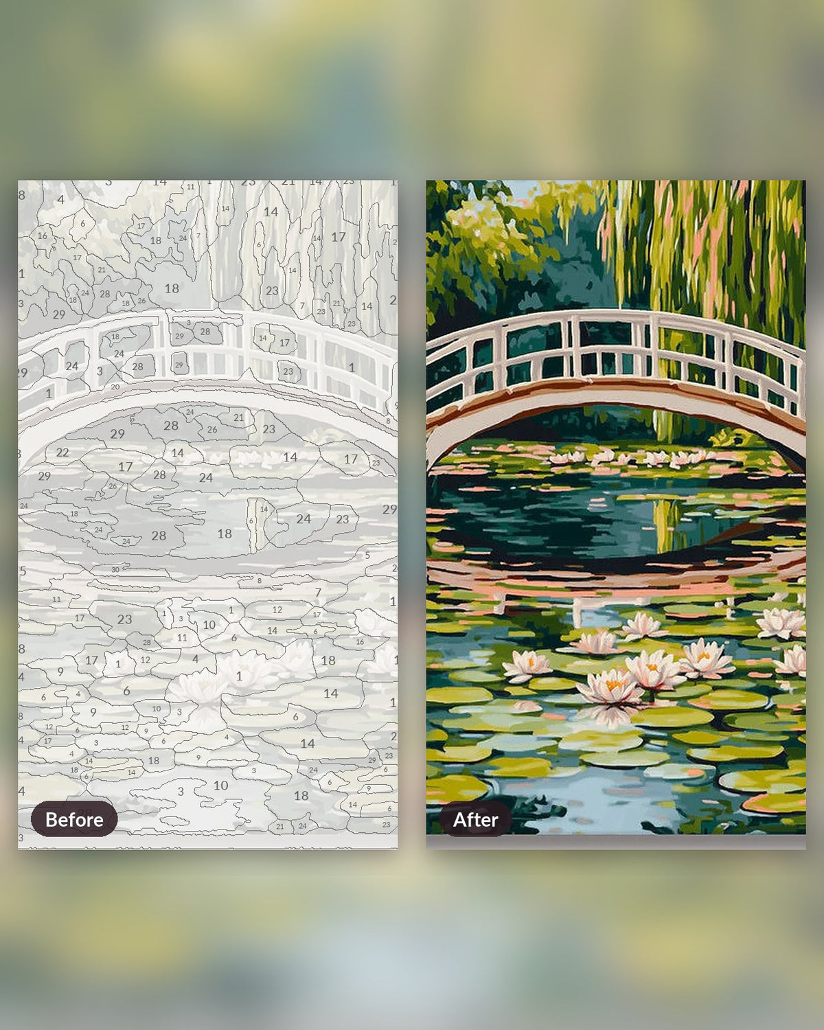 Series of Water Lillies paint by numbers kit, before and after
