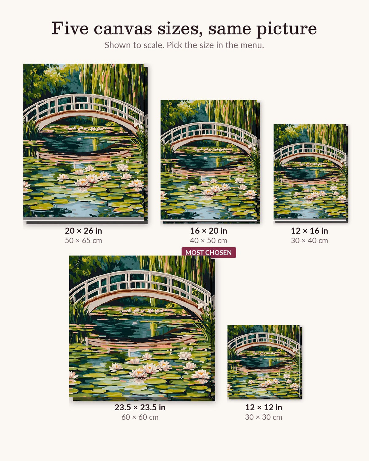 Series of Water Lillies canvas sizes from 12 x 12 to 23.5 x 23.5 inches
