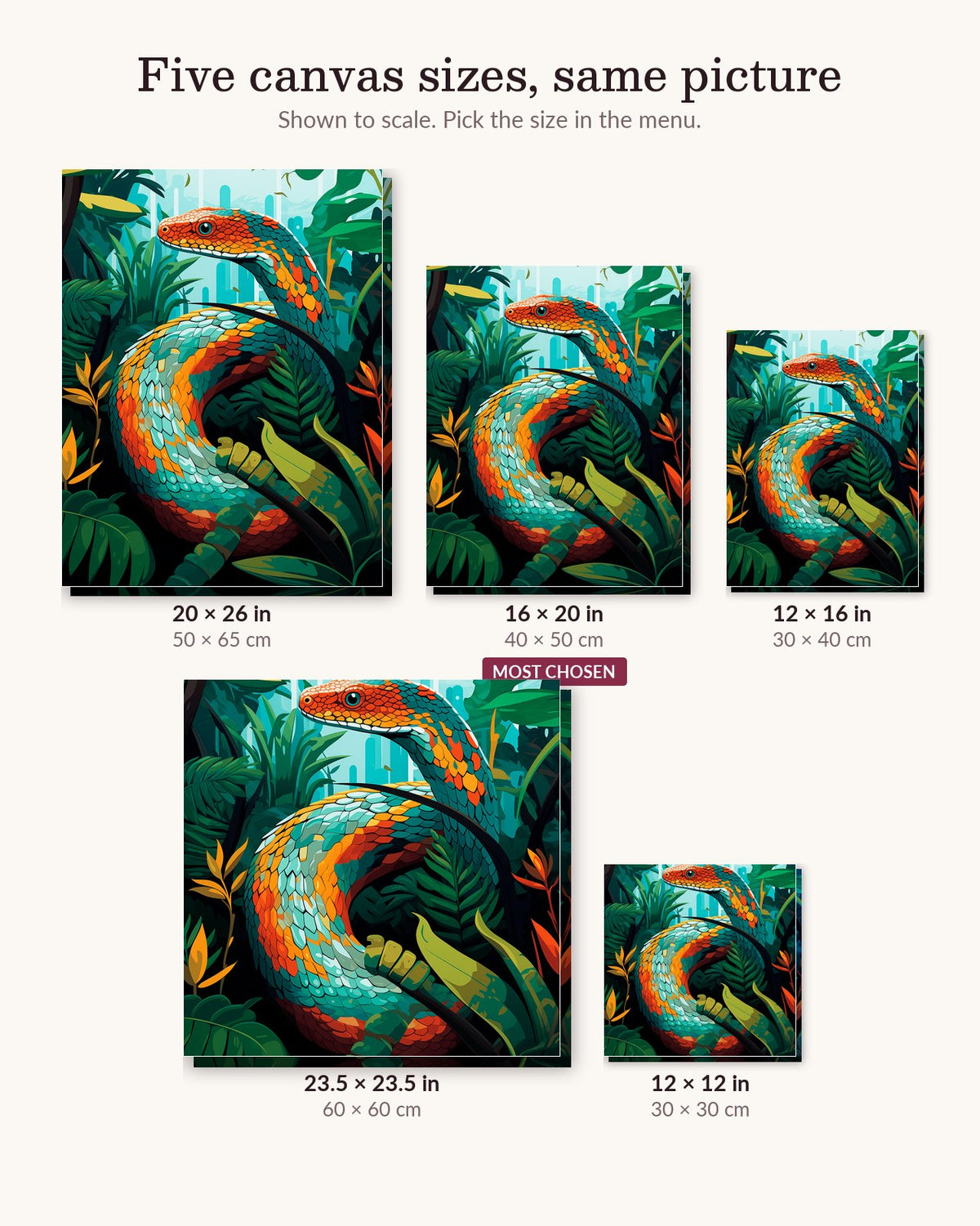 Serpentine Elegance canvas sizes from 12 x 12 to 23.5 x 23.5 inches