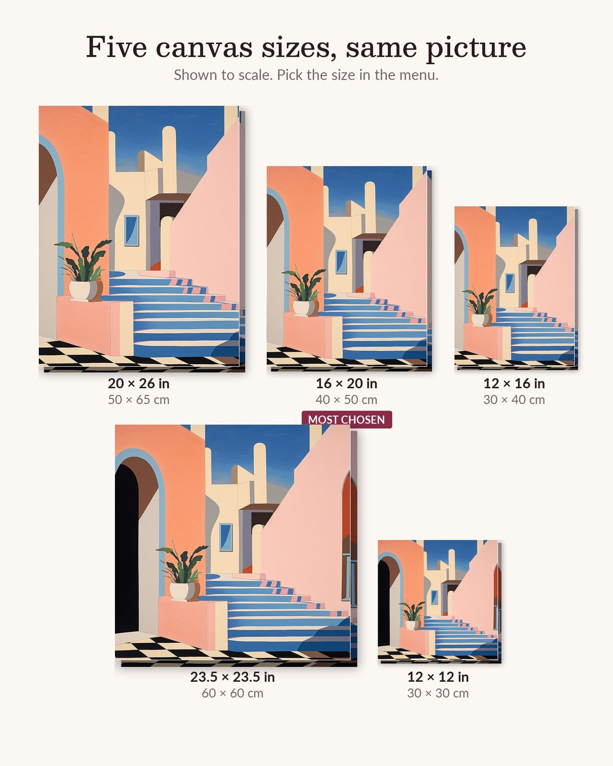 Shadows of the Aegean canvas sizes from 12 x 12 to 23.5 x 23.5 inches