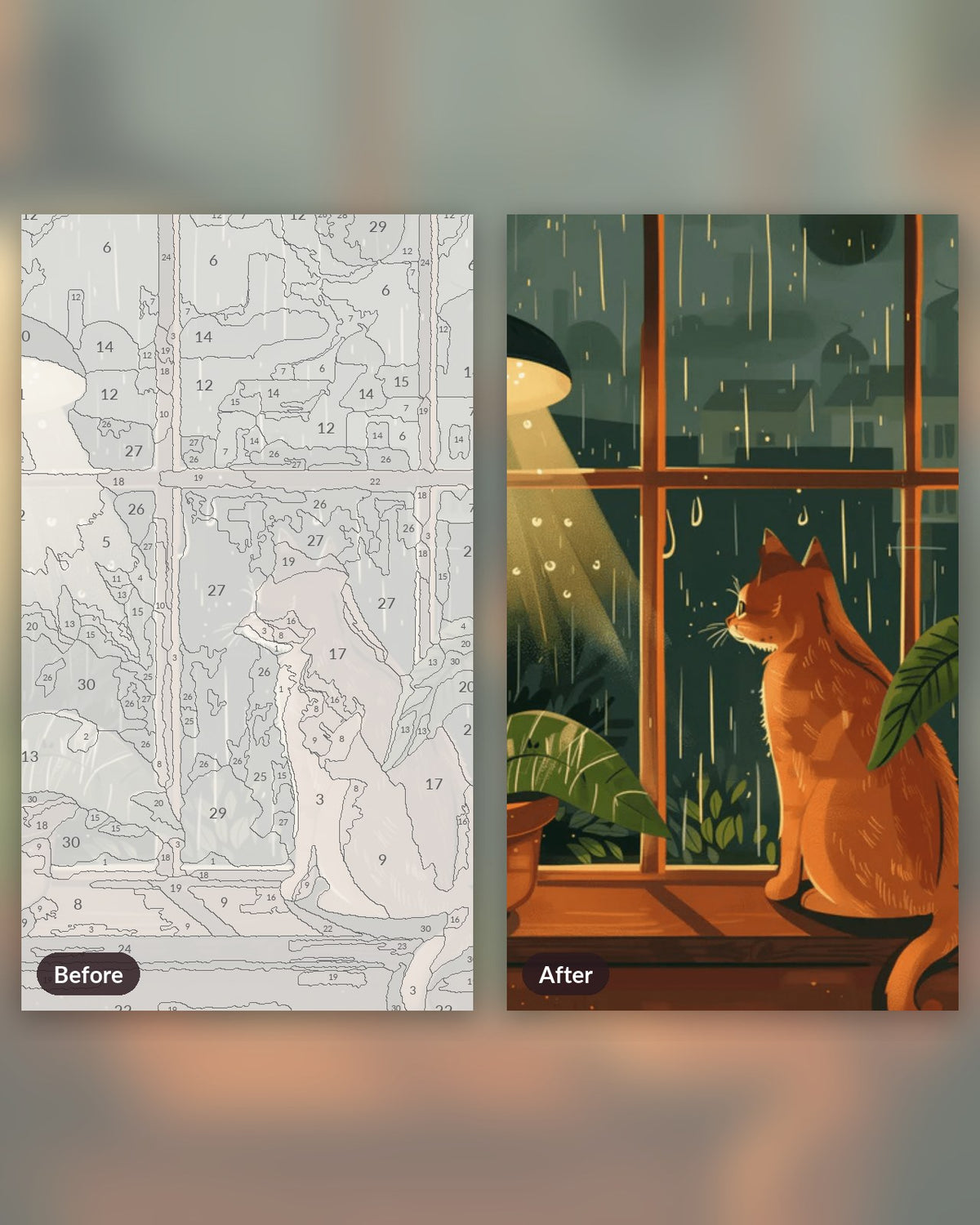 Shelter from Rain paint by numbers kit, before and after