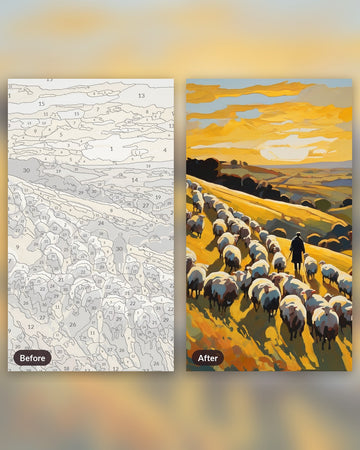 Shepherd at Sunset paint by numbers kit, before and after