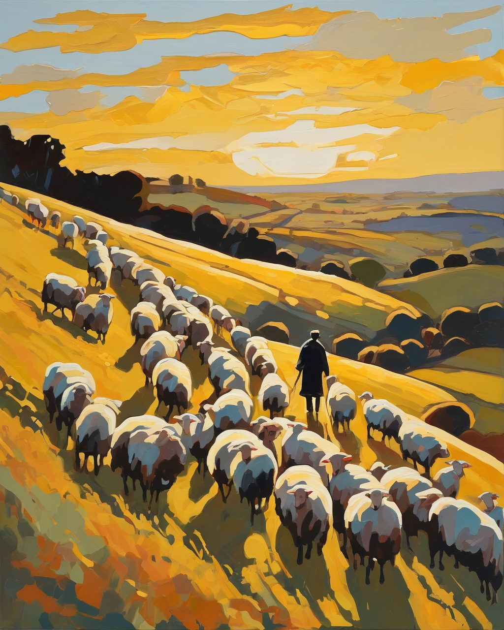 Paint by numbers canvas of a shepherd seen from behind walking with his flock across a golden hillside at sunset