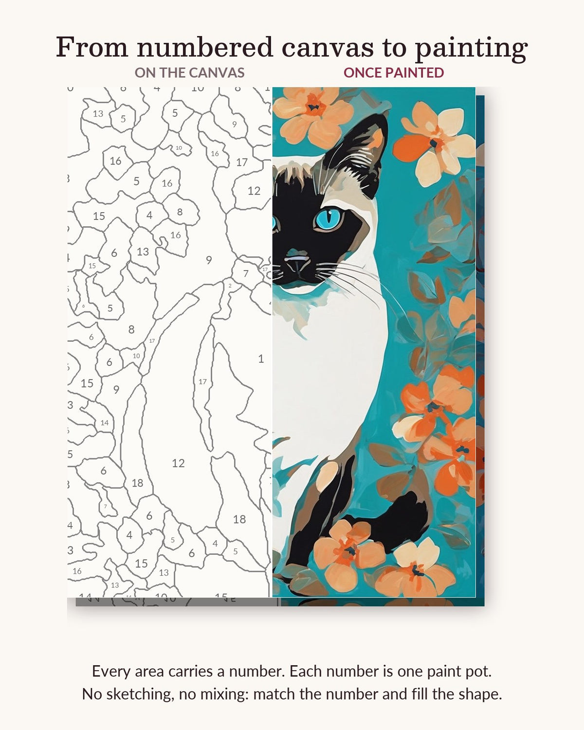 Siamese Cat with Blue Eyes numbered canvas next to the finished painting
