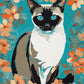 siamese cat with blue eyes surrounded by orange flowers on a turquoise background, paint by numbers kit