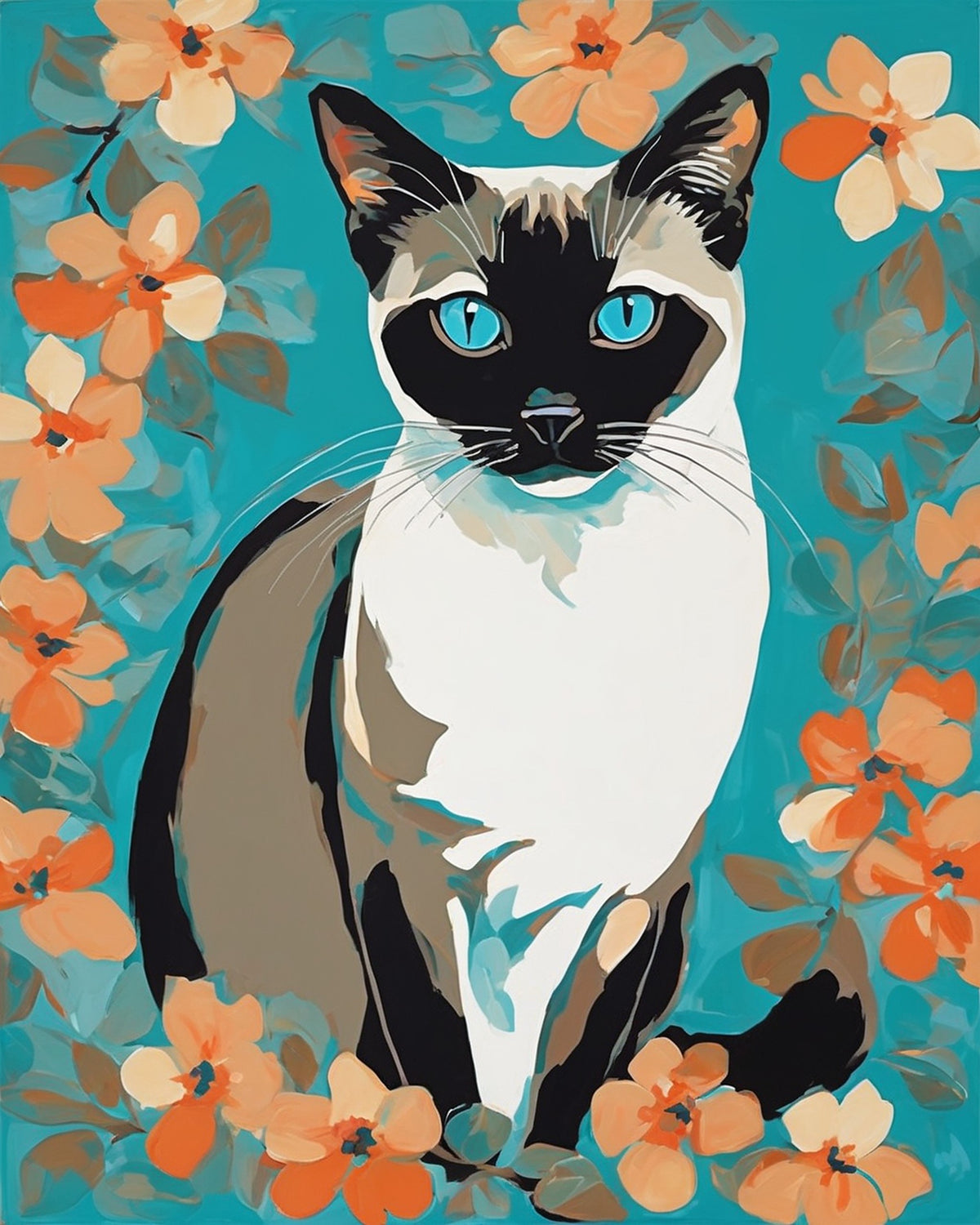 siamese cat with blue eyes surrounded by orange flowers on a turquoise background, paint by numbers kit