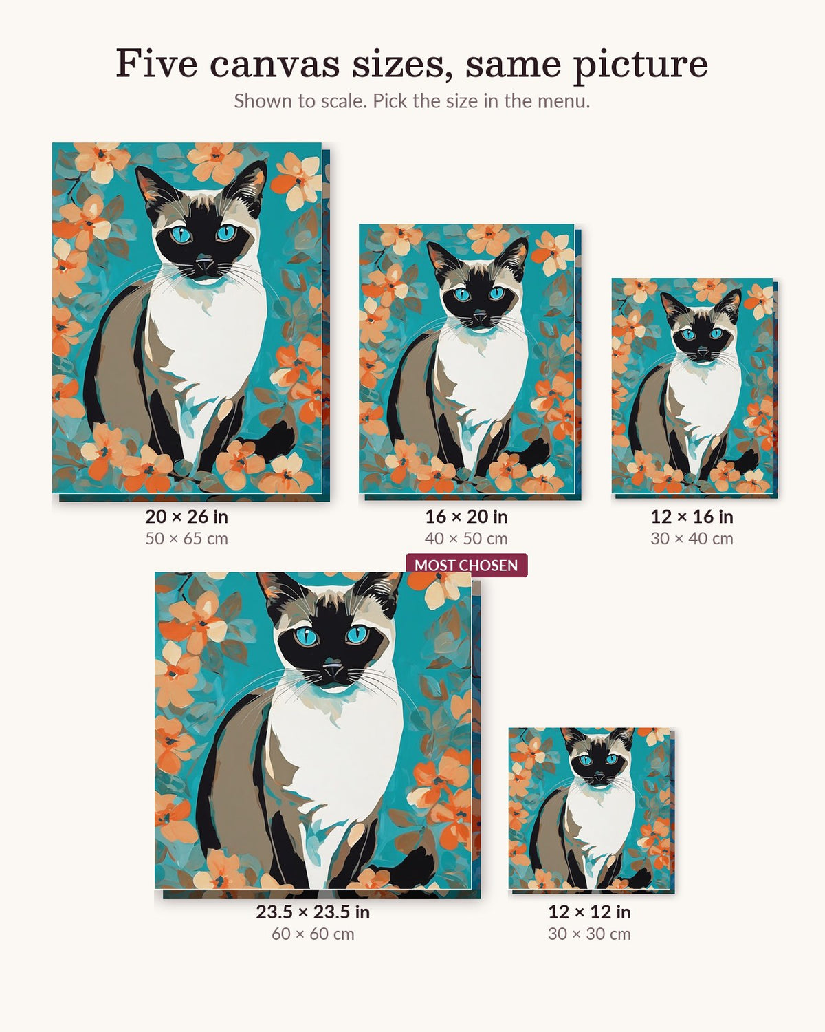 Siamese Cat with Blue Eyes canvas sizes from 12 x 12 to 23.5 x 23.5 inches