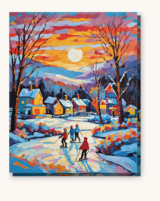 Skaters in a Snowy Village paint by numbers kit on stretched canvas