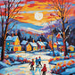 three skaters on ice near a snowy village with colorful houses and a sunset sky, paint by numbers kit