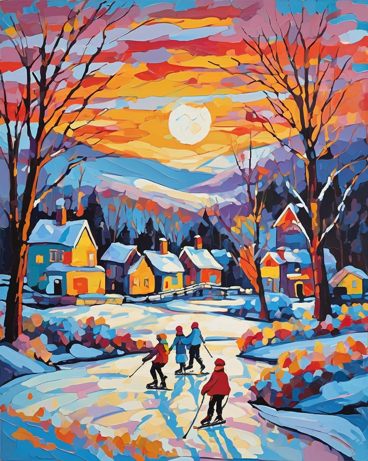 three skaters on ice near a snowy village with colorful houses and a sunset sky, paint by numbers kit