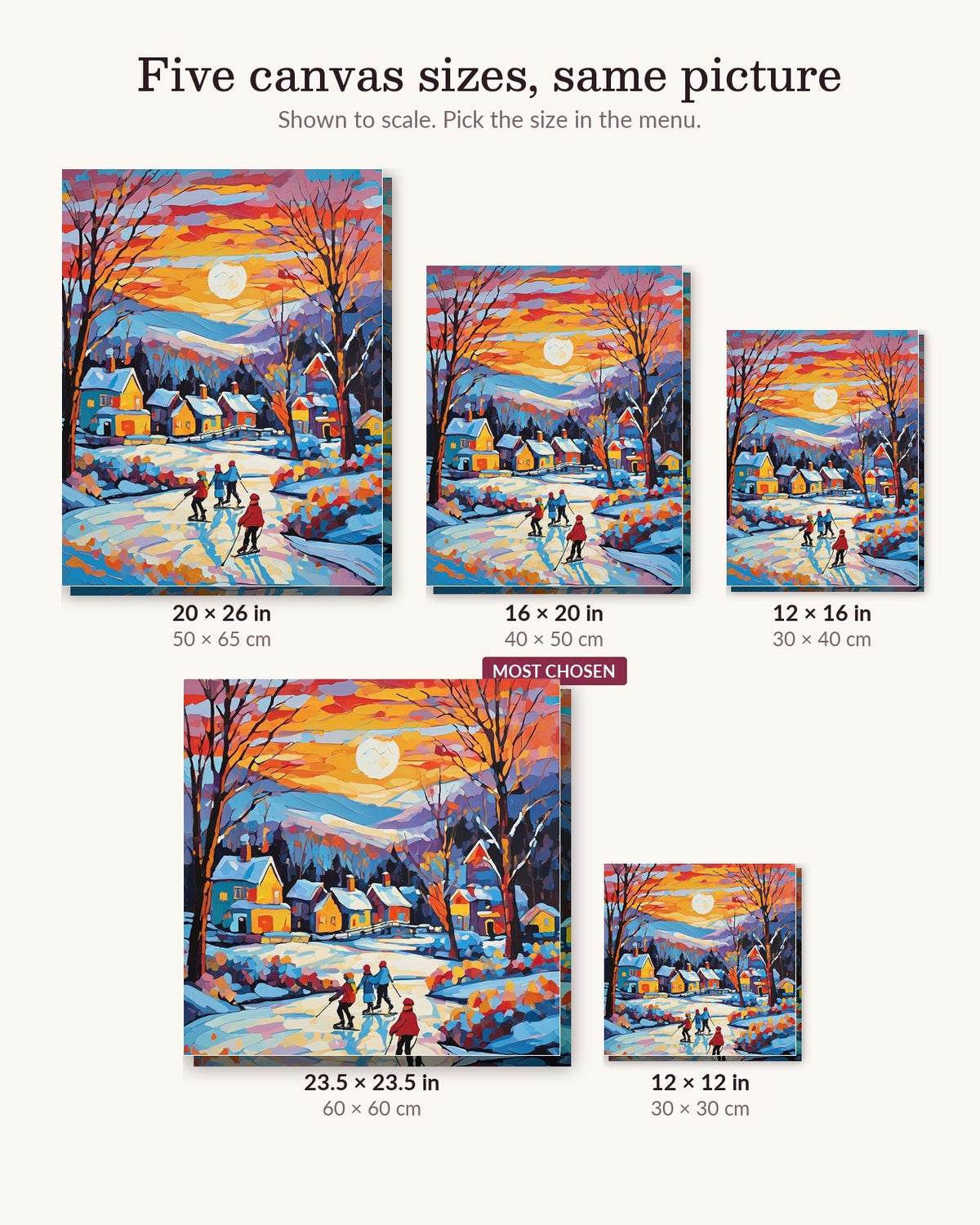Skaters in a Snowy Village canvas sizes from 12 x 12 to 23.5 x 23.5 inches