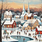 Skaters on the Village Pond paint by numbers kit, people ice skating on a frozen pond in a snowy village