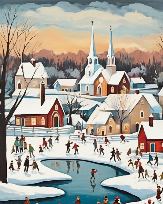 Skaters on the Village Pond paint by numbers kit, people ice skating on a frozen pond in a snowy village