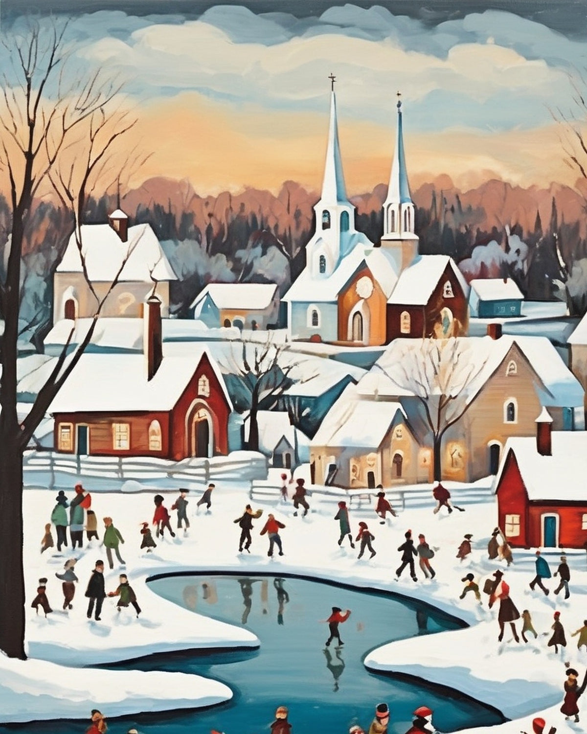 Skaters on the Village Pond paint by numbers kit, people ice skating on a frozen pond in a snowy village