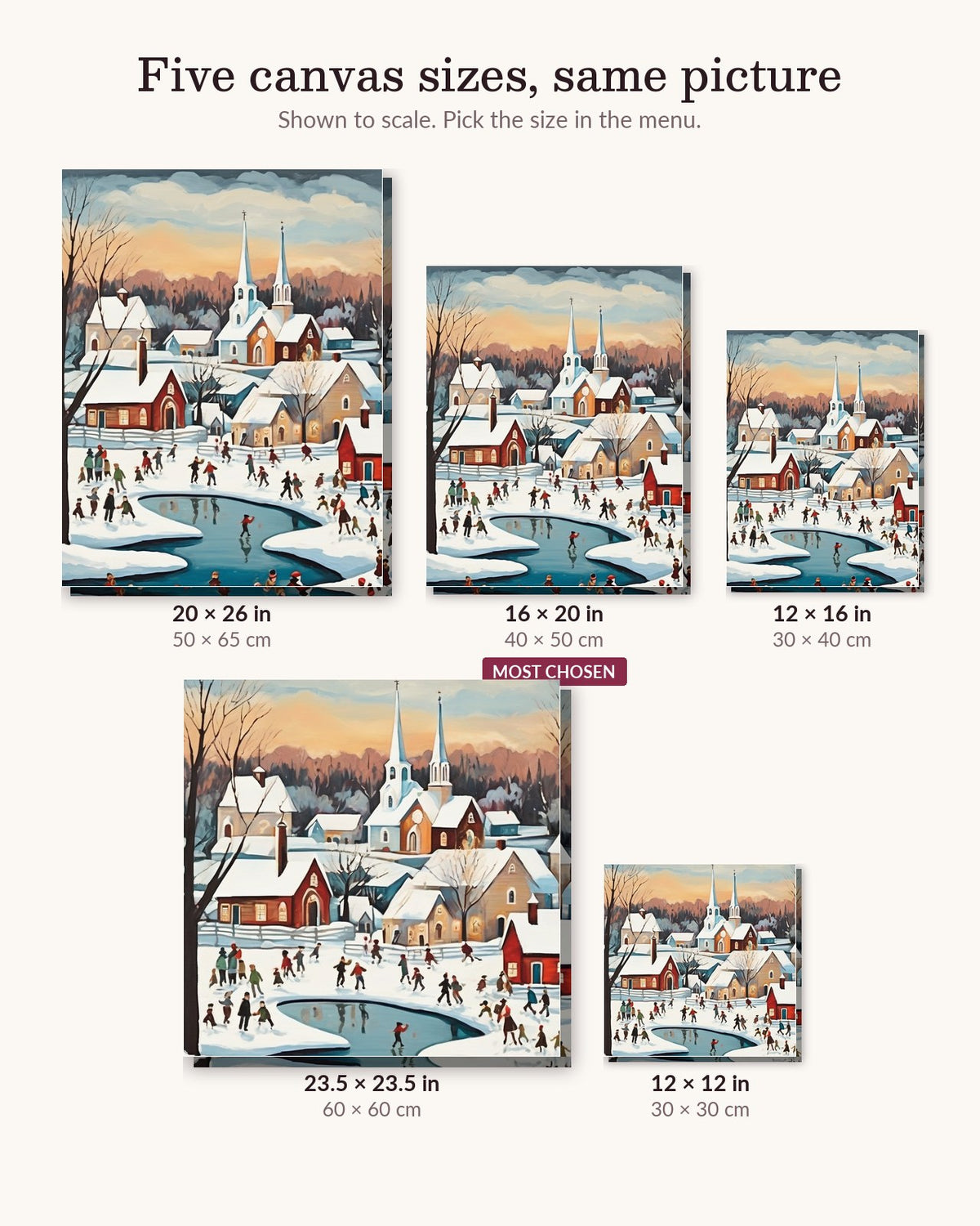 Skaters on the Village Pond canvas sizes from 12 x 12 to 23.5 x 23.5 inches