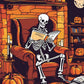 Skeleton Reading by the Fire paint by numbers kit, a friendly cartoon skeleton reading a book in an armchair by the fire