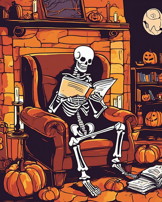 Skeleton Reading by the Fire paint by numbers kit, a friendly cartoon skeleton reading a book in an armchair by the fire