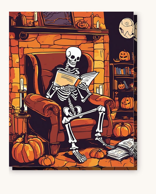 Skeleton Reading by the Fire paint by numbers kit on stretched canvas