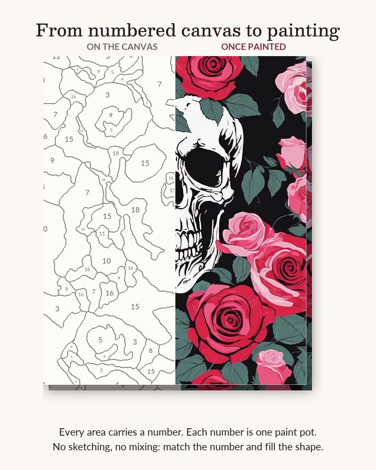 Skull Wrapped in Pink Roses numbered canvas next to the finished painting