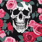 white skull on a black background surrounded by pink and red roses and grey green leaves, paint by numbers kit