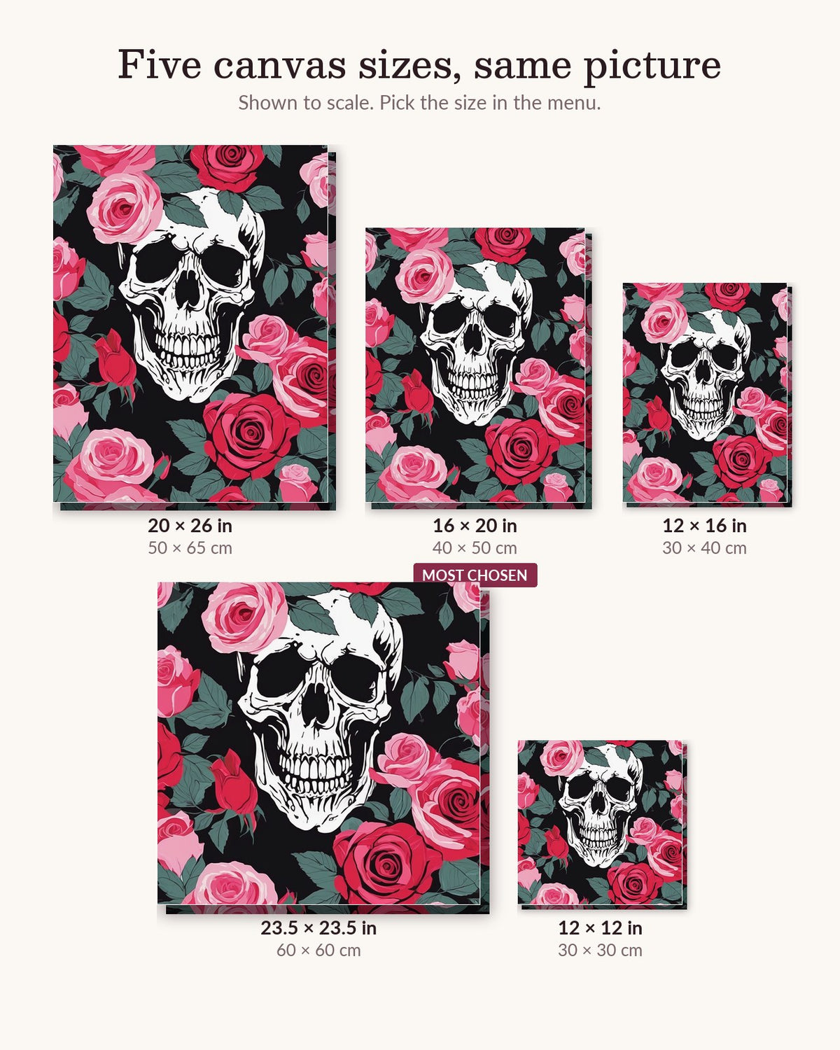 Skull Wrapped in Pink Roses canvas sizes from 12 x 12 to 23.5 x 23.5 inches