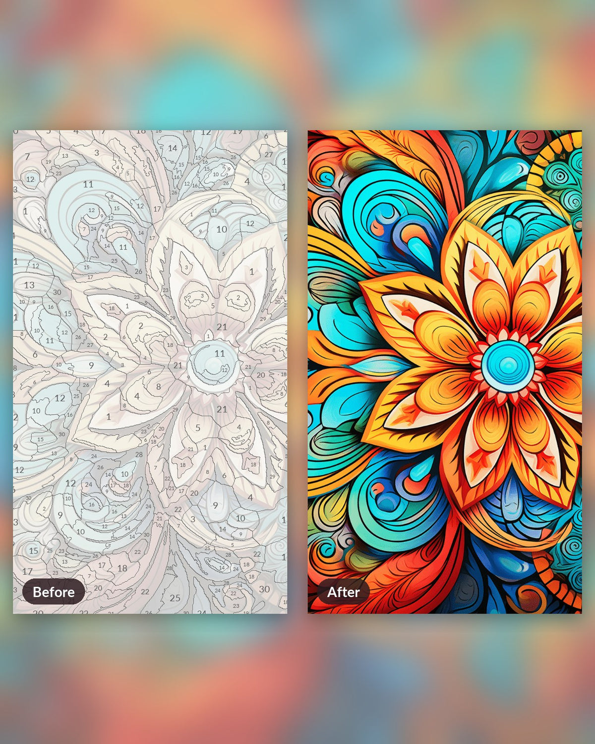 Abstract Floral Swirls paint by numbers kit, before and after