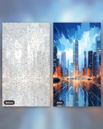 Skyline of Hong Kong paint by numbers kit, before and after