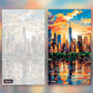 Vertical Metropolis paint by numbers kit, before and after