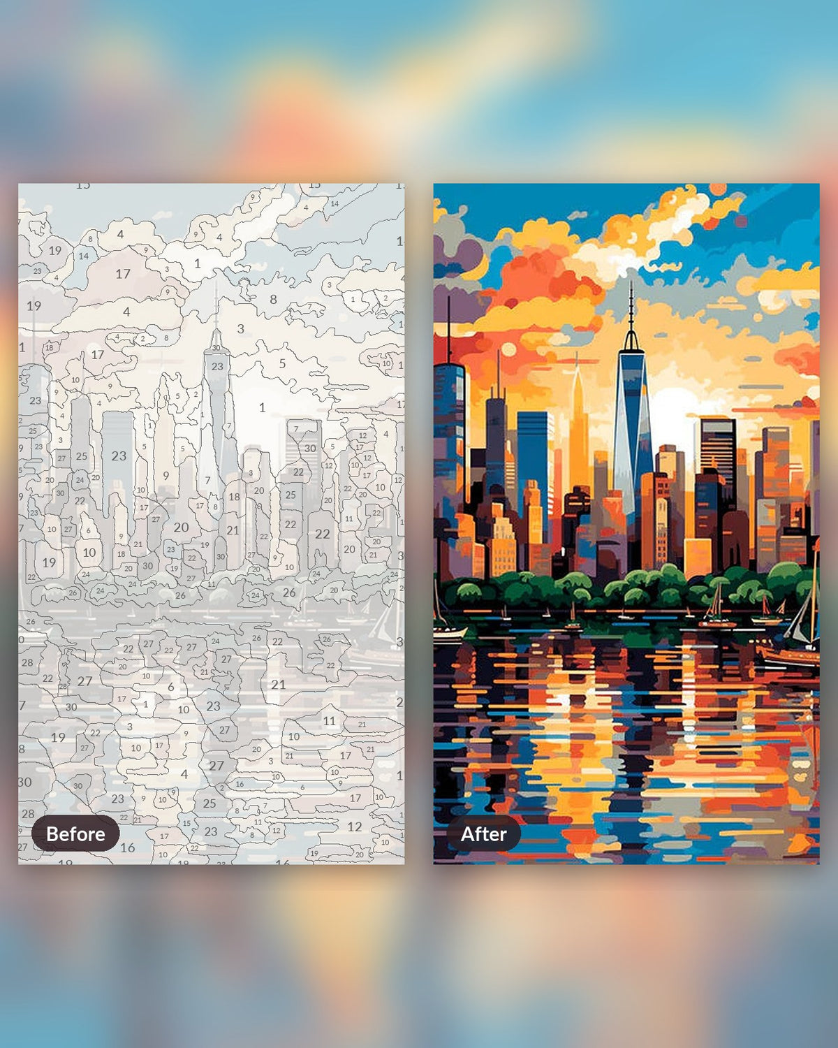 Vertical Metropolis paint by numbers kit, before and after
