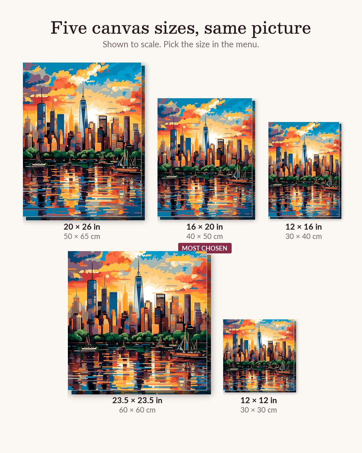 Vertical Metropolis canvas sizes from 12 x 12 to 23.5 x 23.5 inches