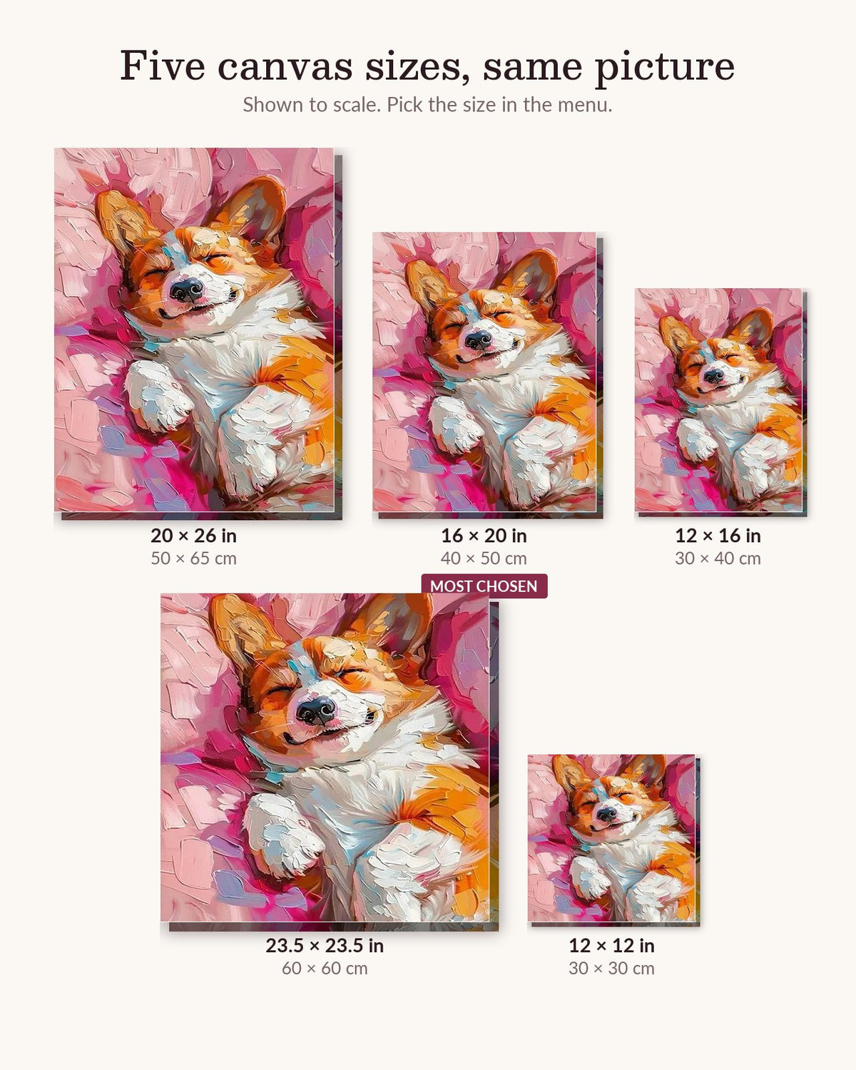 Sleepy Dog canvas sizes from 12 x 12 to 23.5 x 23.5 inches