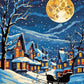 black sleigh on a snowy hill below a golden full moon and a village of lit houses, paint by numbers kit