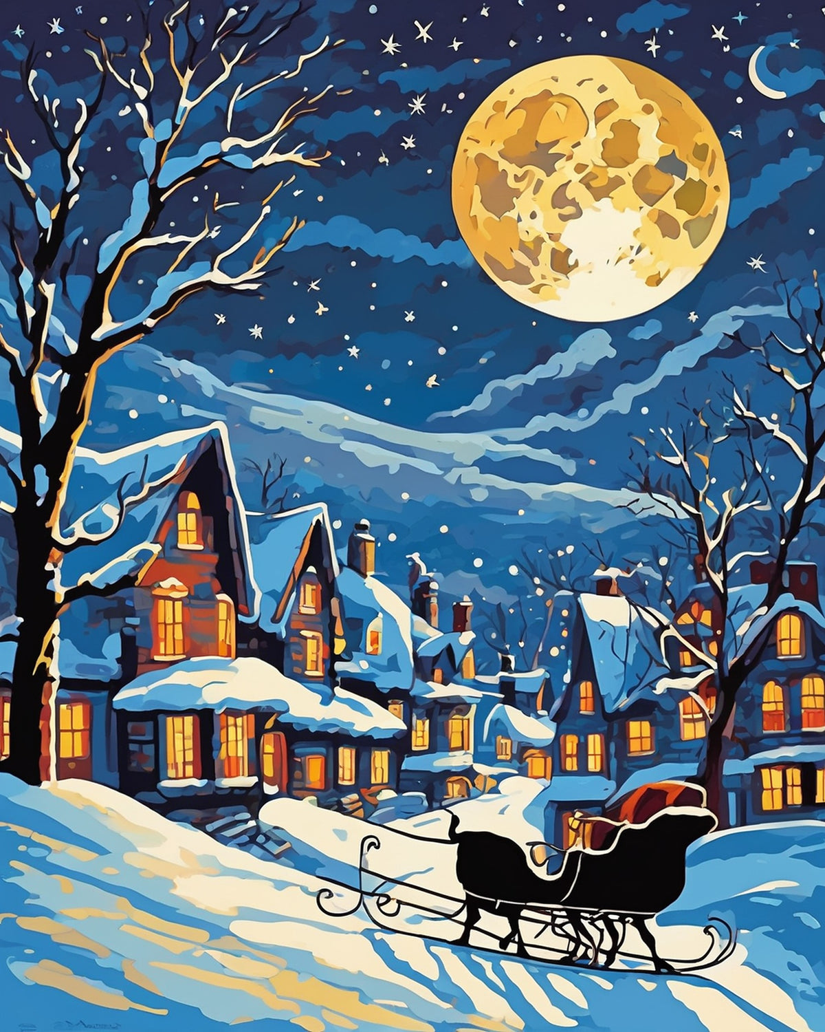 black sleigh on a snowy hill below a golden full moon and a village of lit houses, paint by numbers kit