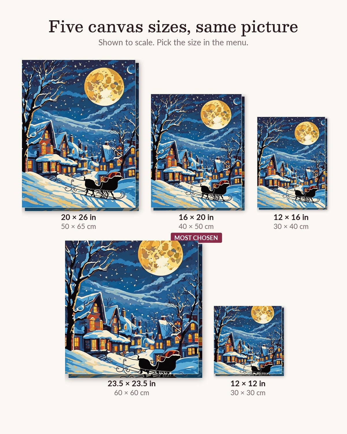 Sleigh and Full Moon over the Village canvas sizes from 12 x 12 to 23.5 x 23.5 inches