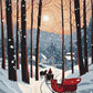 Sleigh Through the Pines paint by numbers kit, horse drawn sleigh on a snowy road between pine trees