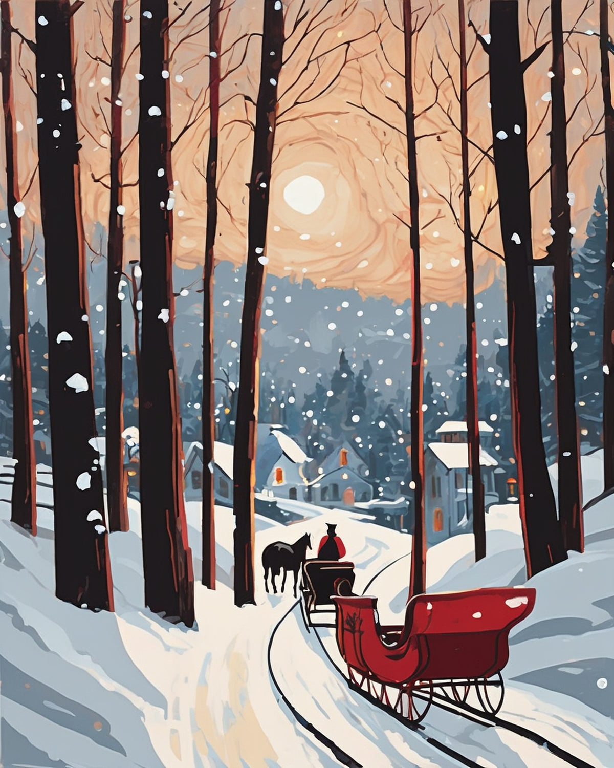 Sleigh Through the Pines paint by numbers kit, horse drawn sleigh on a snowy road between pine trees