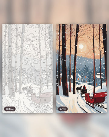 Sleigh Through the Pines paint by numbers kit, before and after