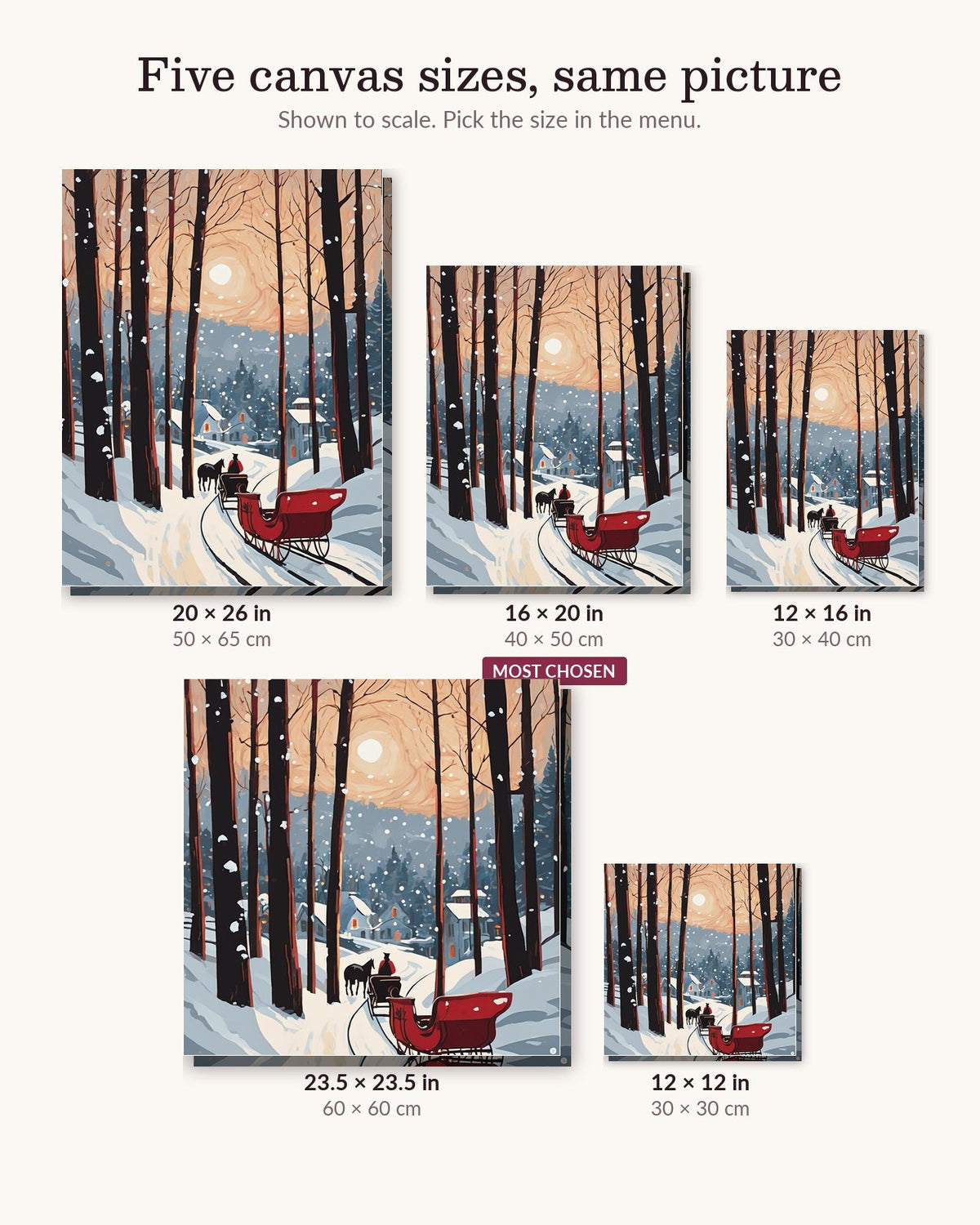 Sleigh Through the Pines canvas sizes from 12 x 12 to 23.5 x 23.5 inches