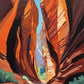 narrow orange sandstone slot canyon with a strip of blue sky and green shrubs, paint by numbers kit