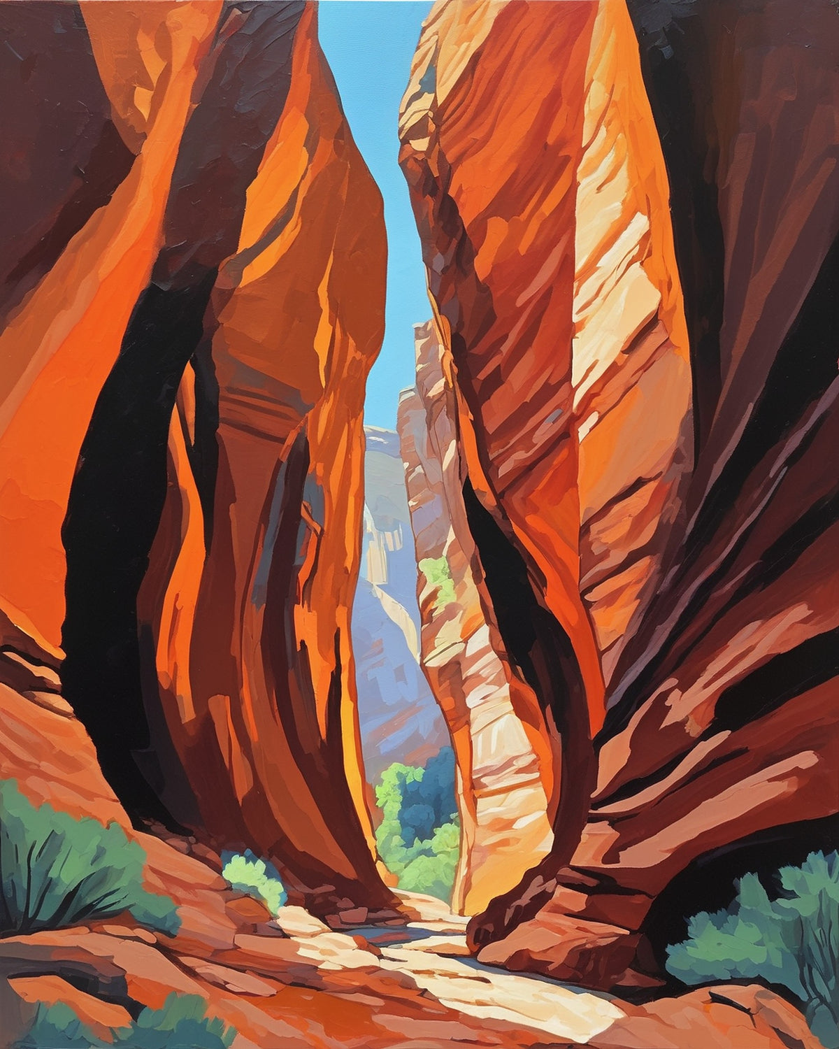 narrow orange sandstone slot canyon with a strip of blue sky and green shrubs, paint by numbers kit