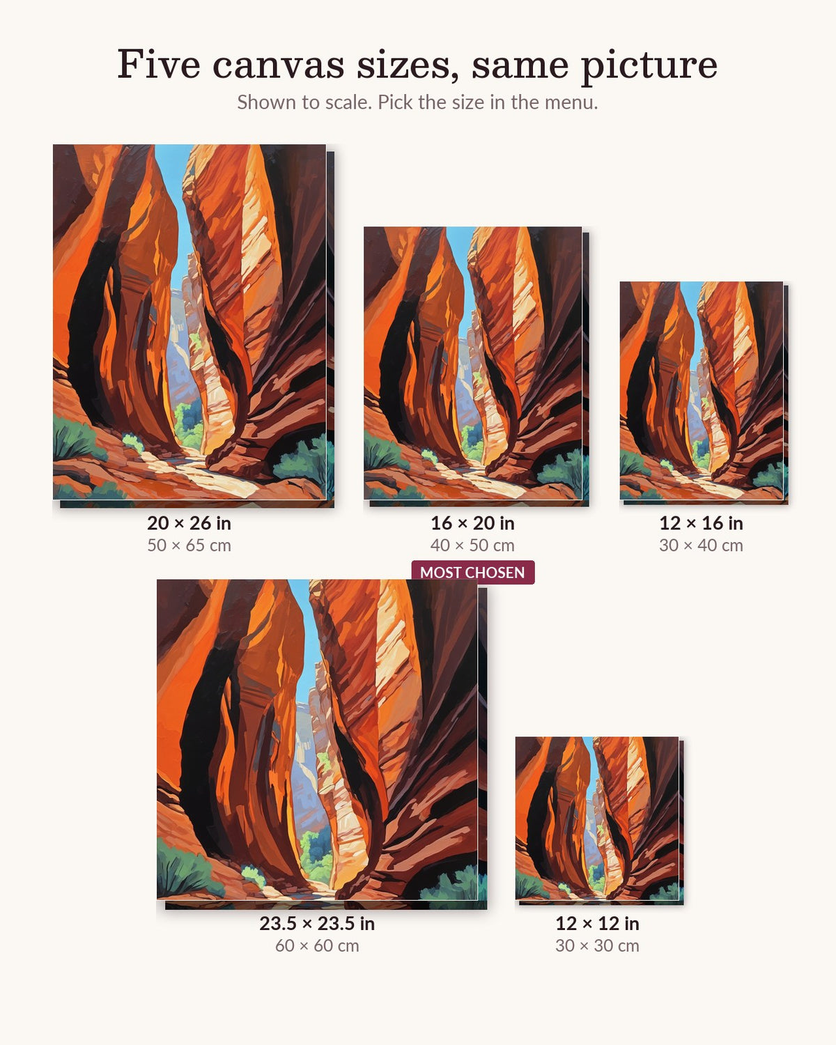 Slot Canyon Light Beams canvas sizes from 12 x 12 to 23.5 x 23.5 inches